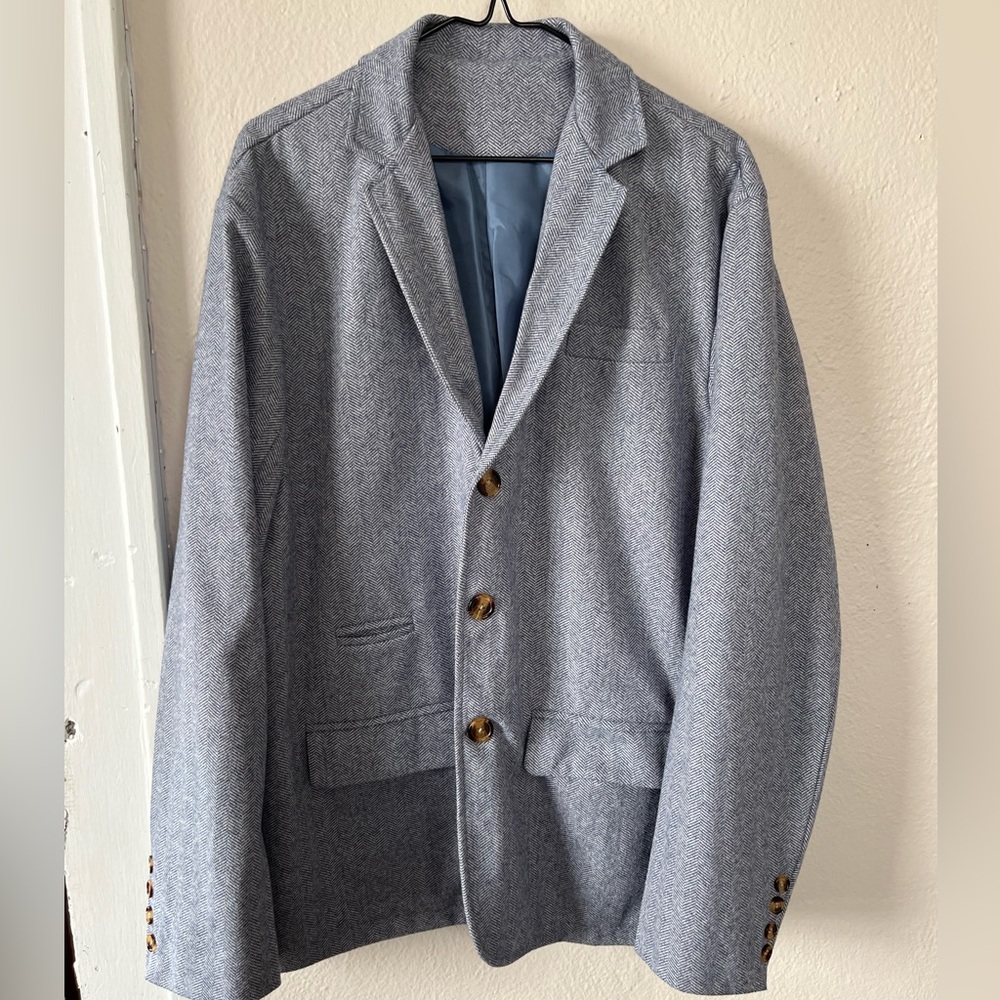 Men's Made in UK Light Blue Herringbone Cotton Blazer